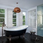 marble coloured vertical window blinds covering multiple windows in a modern bathroom with a large roll top bath